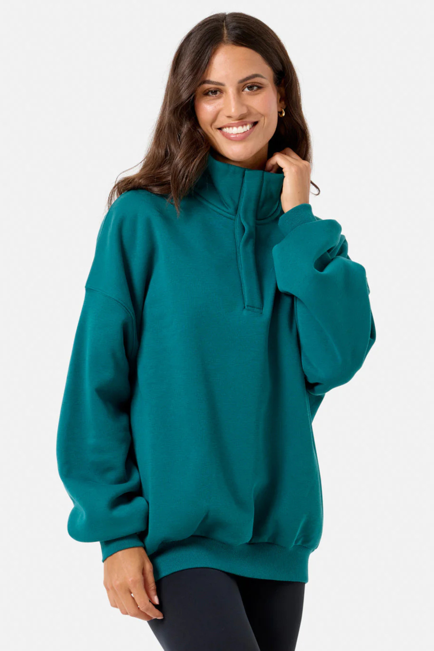 Gym+Coffee turquoise snap-collar Sierra sweatshirt with oversized fit and ribbed detail at Dotique.