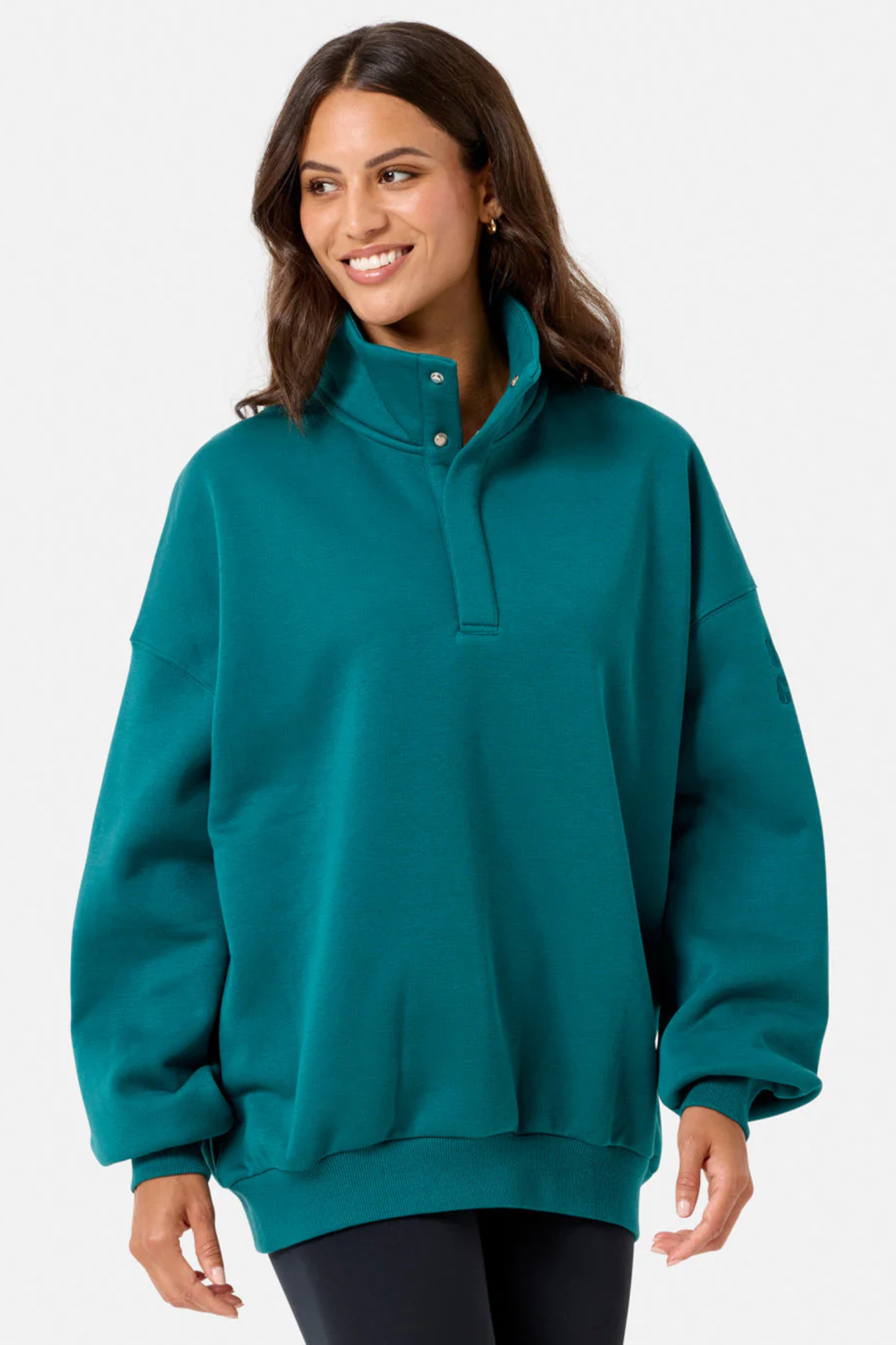 Gym+Coffee turquoise snap-collar Sierra sweatshirt with oversized fit and ribbed detail at Dotique.