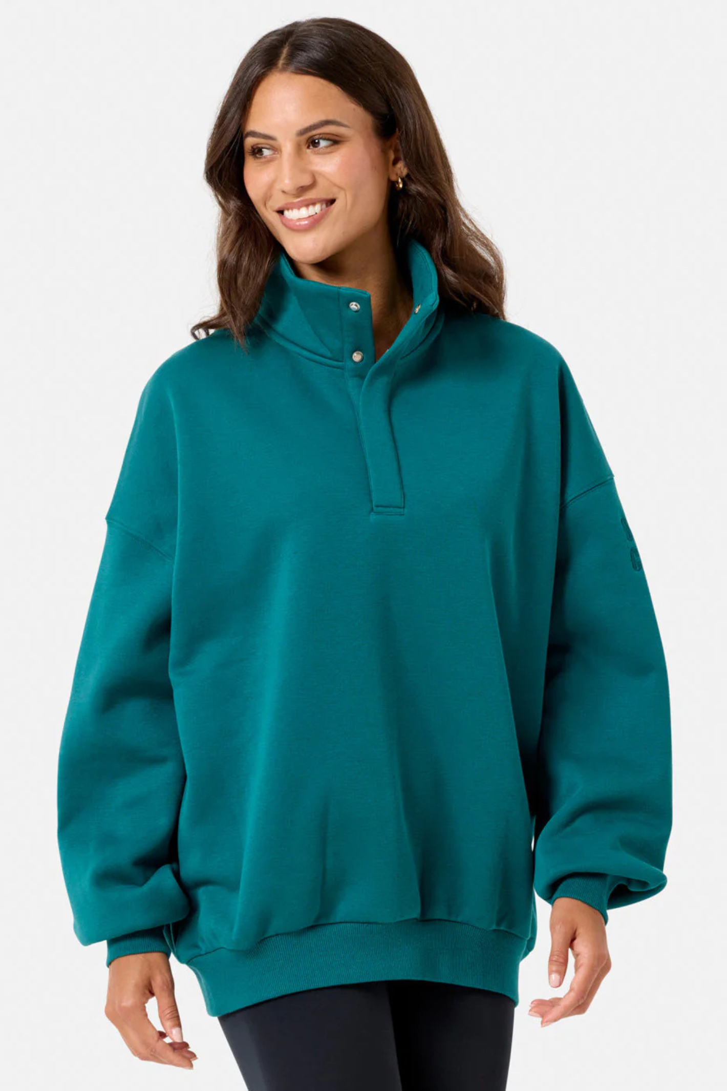 Gym+Coffee turquoise snap-collar Sierra sweatshirt with oversized fit and ribbed detail at Dotique.