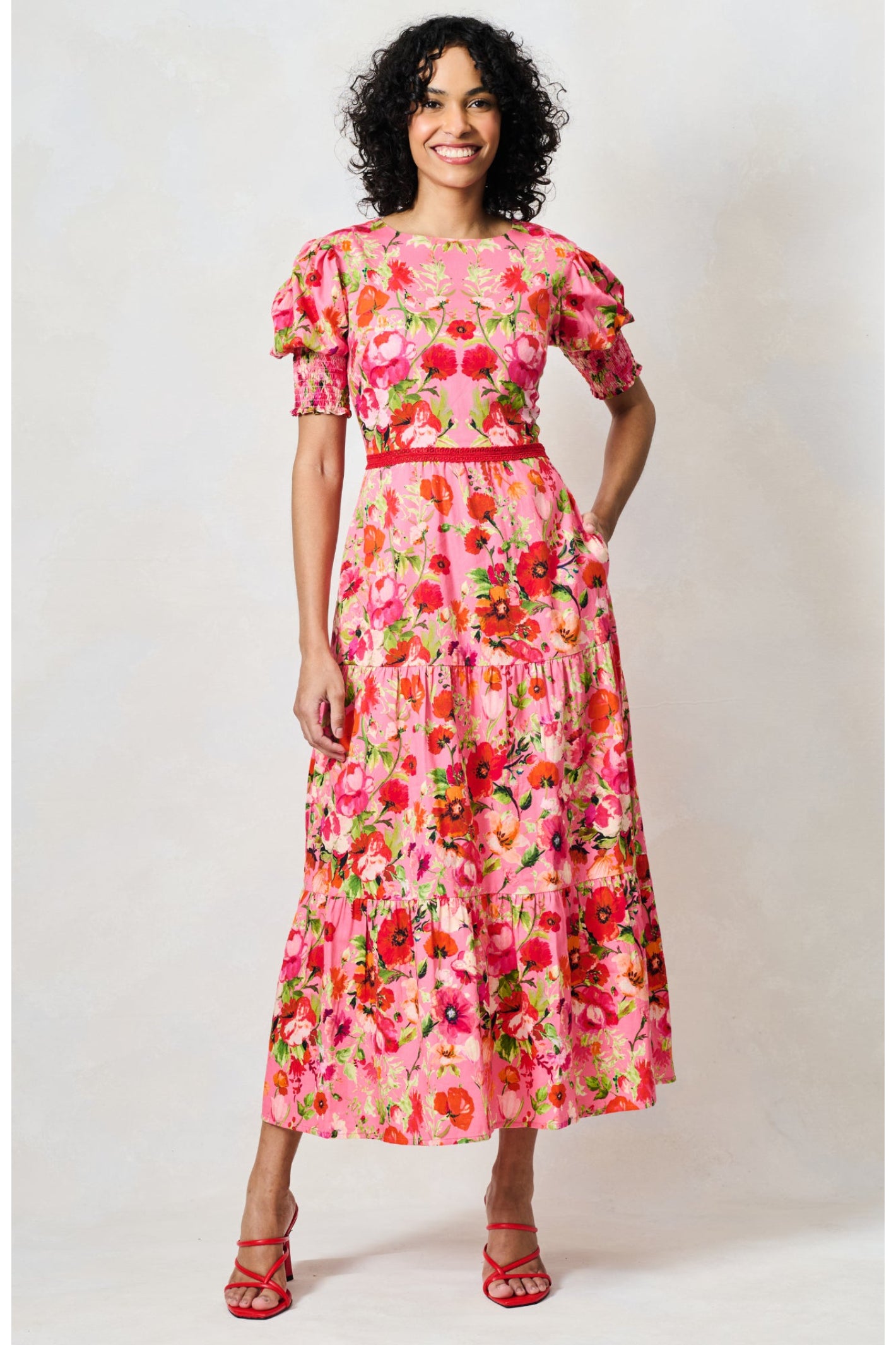 Hope & Ivy The Amara Puff Sleeve Bow Back Maxi Dress Pink & Red Floral by Hope and Ivy Shop Hope and Ivy at Dotique