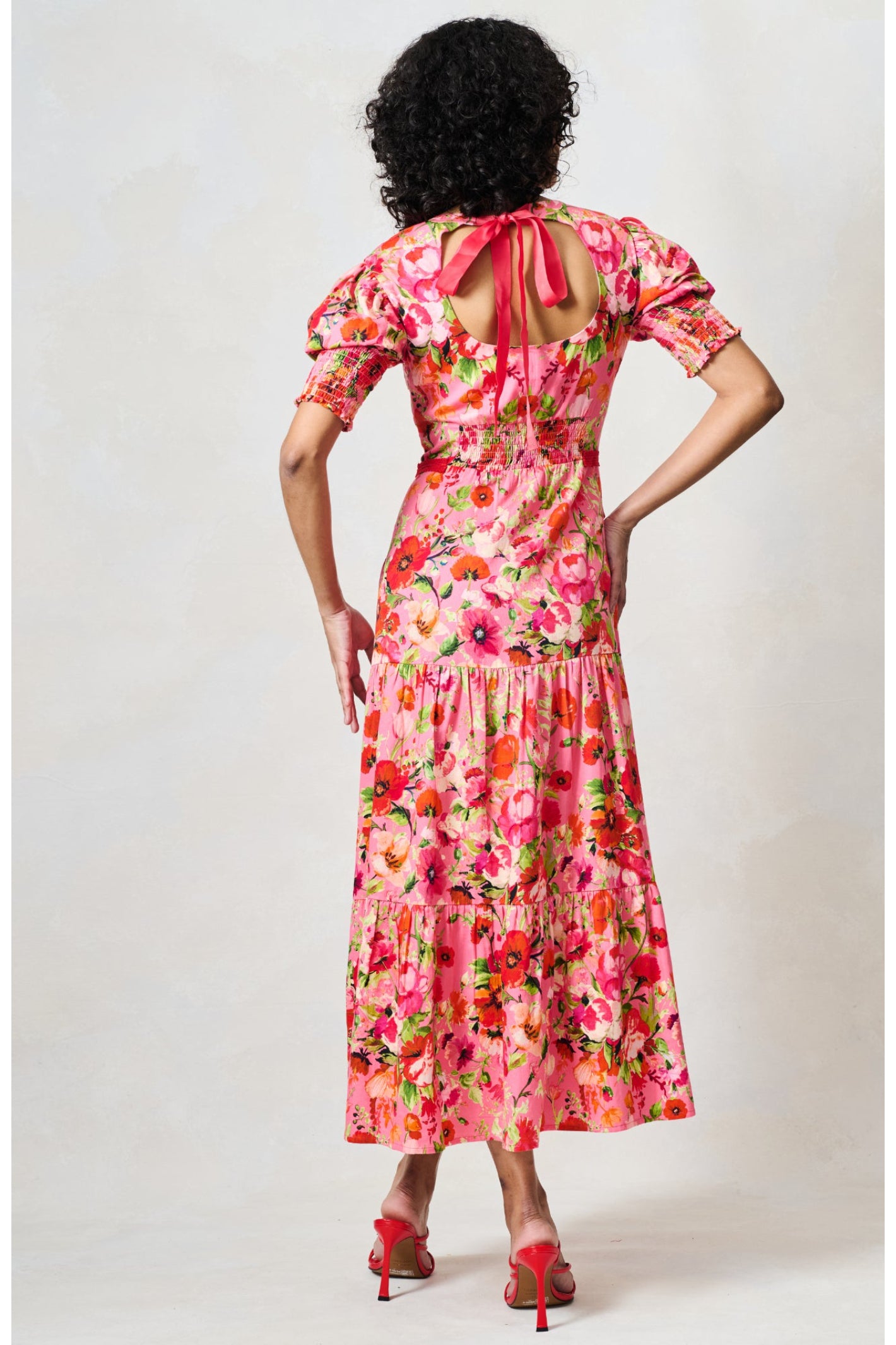 Hope & Ivy The Amara Puff Sleeve Bow Back Maxi Dress Pink & Red Floral by Hope and Ivy, shop Hope and Ivy at Dotique