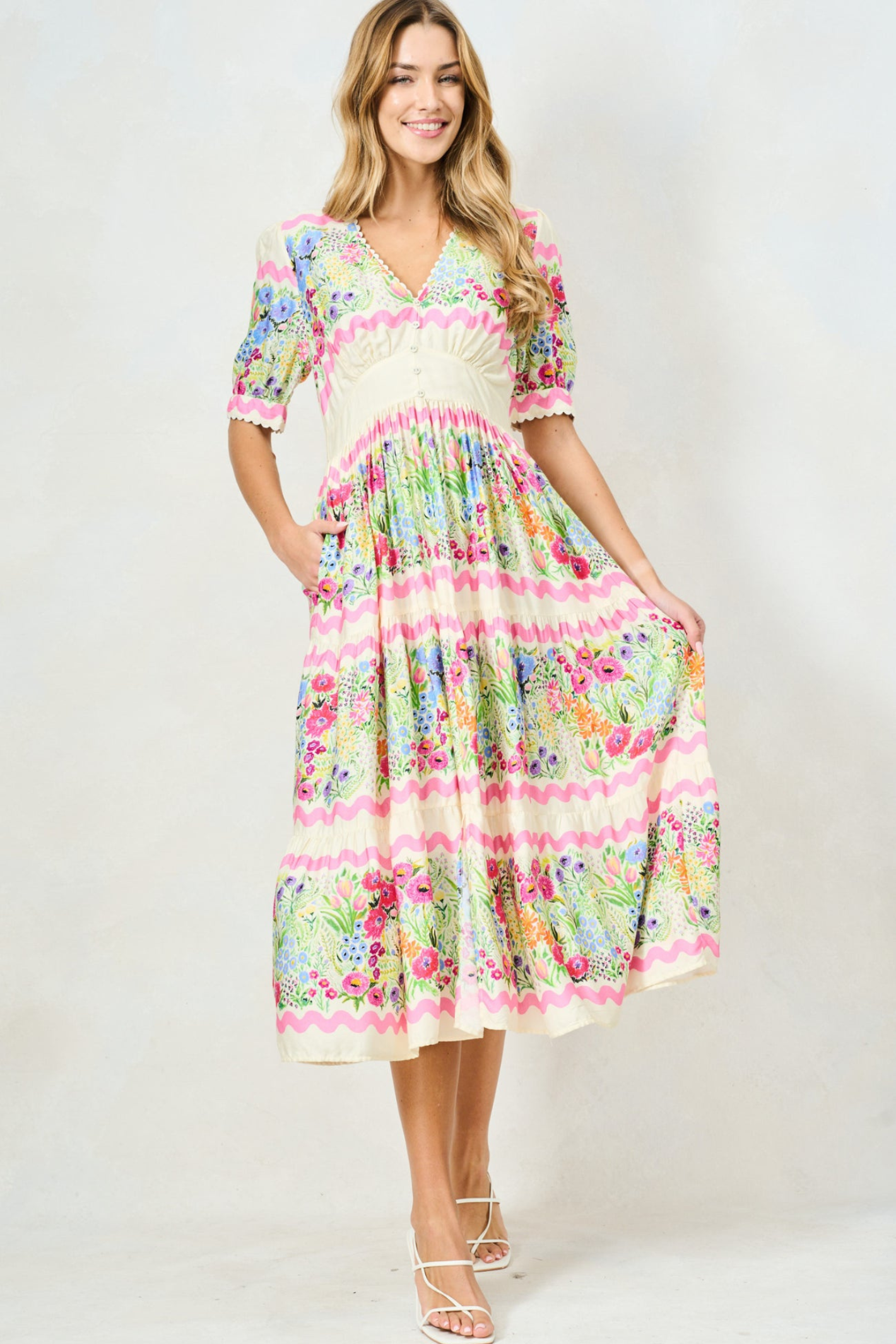 Woman wearing Hope & Ivy Larysa Maxi Dress with floral pattern by Hope and Ivy Shop Hope and Ivy at Dotique