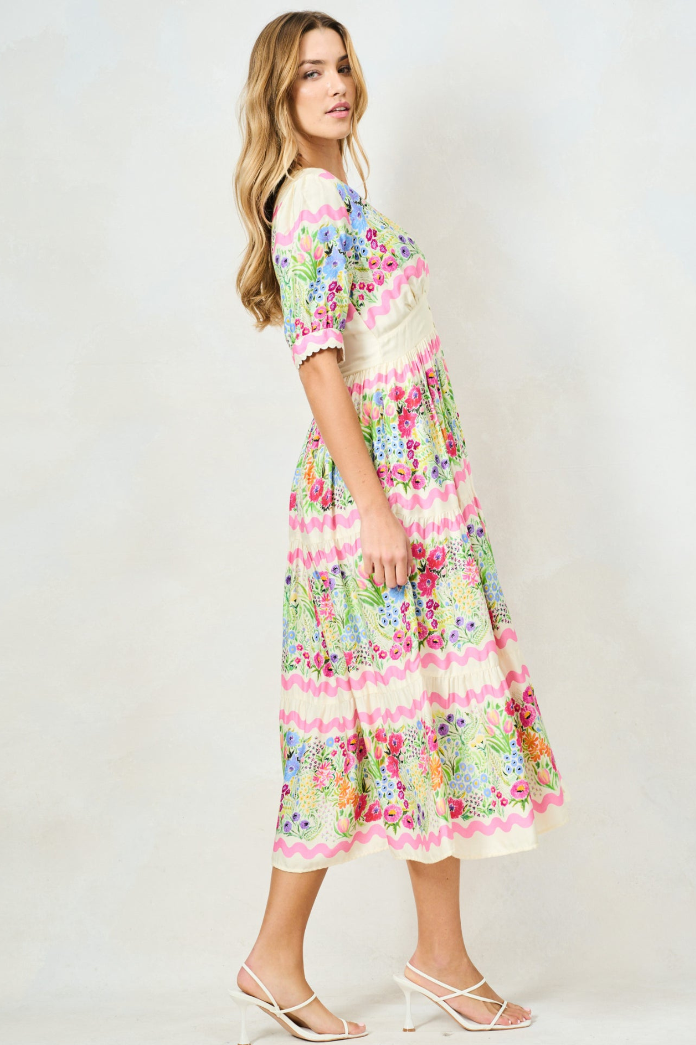 Model wearing Hope & Ivy Larysa Maxi Dress with floral print, shop Hope and Ivy at Dotique for elegant maxi styles.