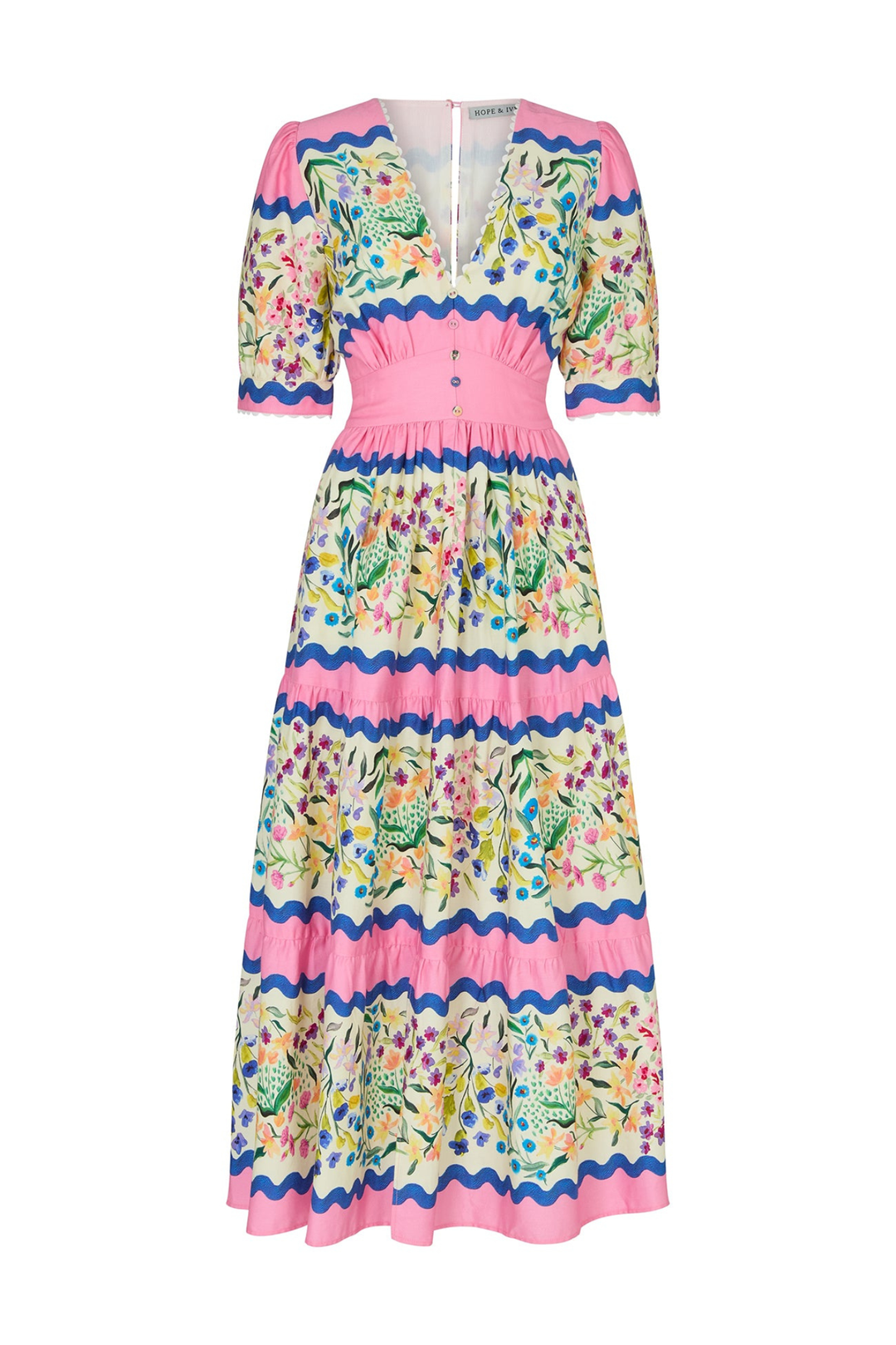 Hope and Ivy 7717M  Meredith V-Neck Full-Skirt Tea Dress with Puff Sleeves in Pink Picnic at Dotique Chesterfield 
