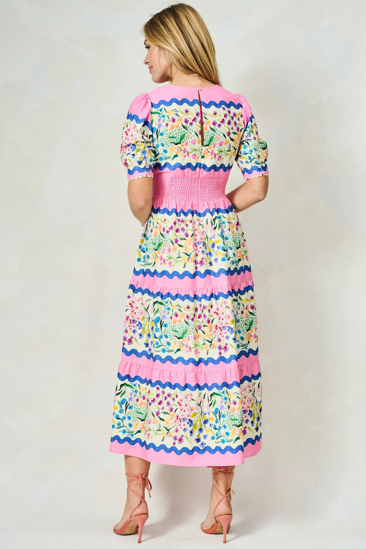 Hope and Ivy 7717M  Meredith V-Neck Full-Skirt Tea Dress with Puff Sleeves in Pink Picnic at Dotique Chesterfield 