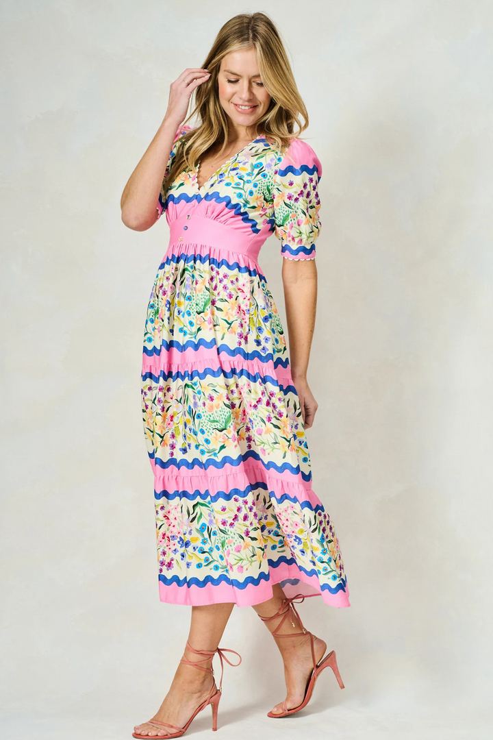 Hope and Ivy 7717M  Meredith V-Neck Full-Skirt Tea Dress with Puff Sleeves in Pink Picnic at Dotique Chesterfield 