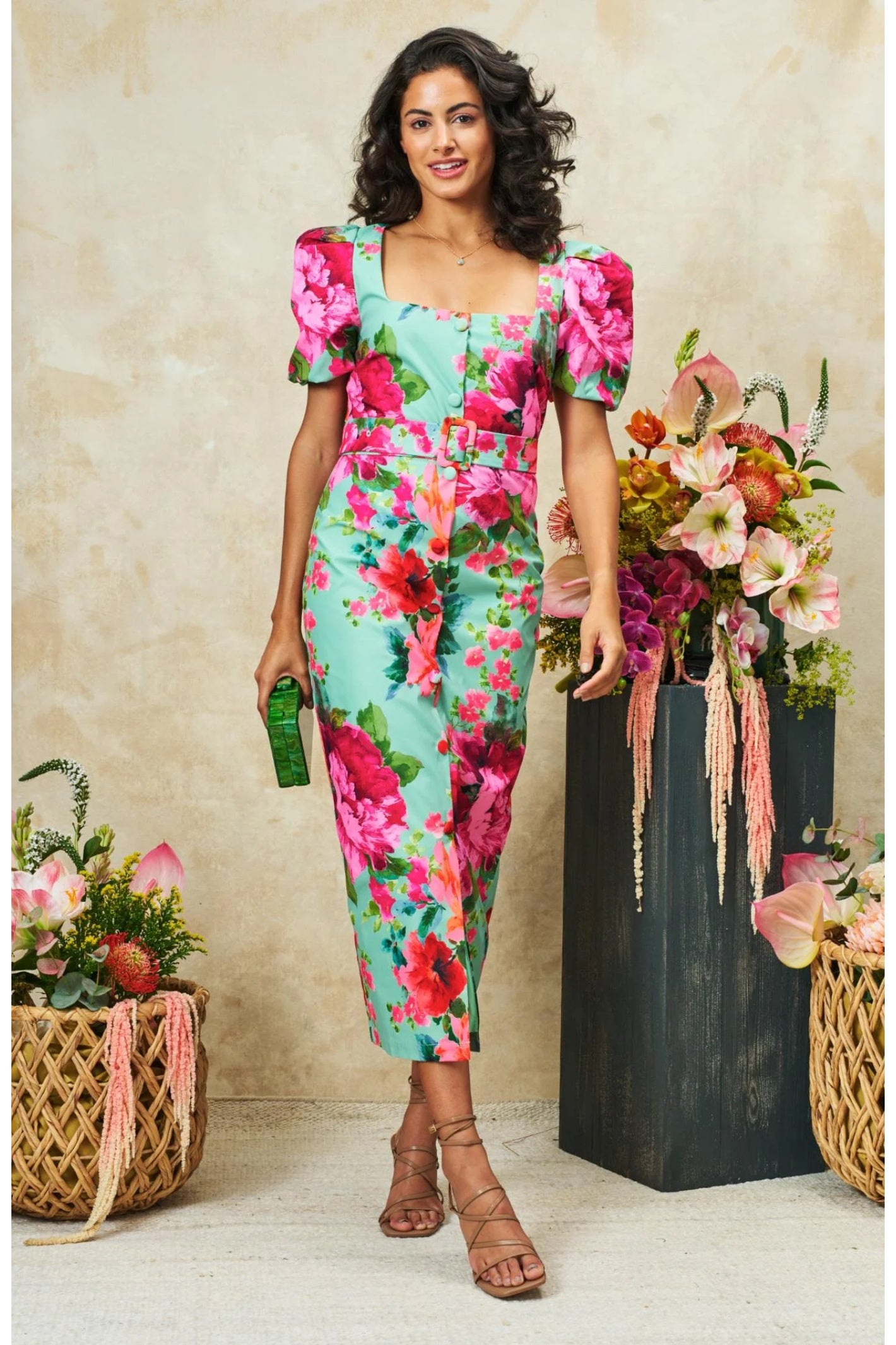 Model wearing Hope & Ivy The Rowena Puff Sleeve Sweetheart Neckline Pencil Dress by Hope and Ivy, shop Hope and Ivy at Dotique.