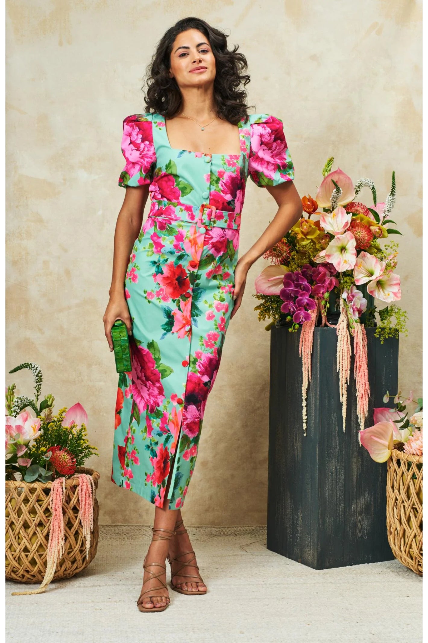 Woman wearing Hope & Ivy The Rowena Puff Sleeve Sweetheart Neckline Pencil Dress by Hope and Ivy, shop Hope and Ivy at Dotique