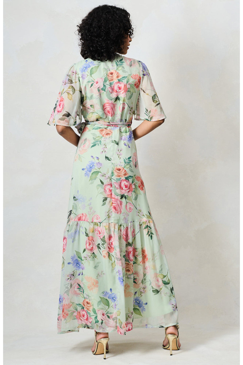 Hope & Ivy The Emi Flutter Sleeve Floral Wrap Maxi Dress Green by Hope and Ivy, shop Hope and Ivy at Dotique.