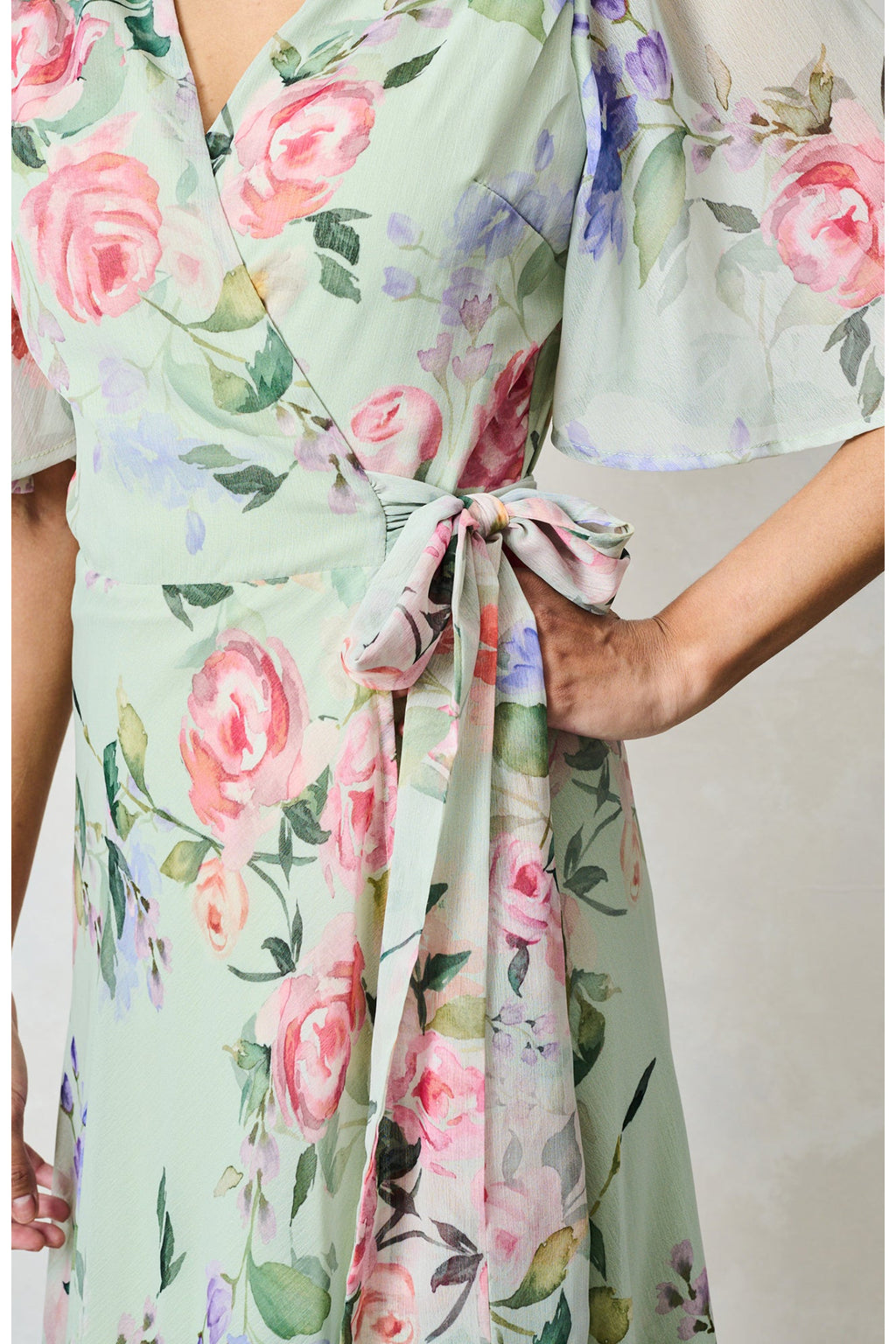 Hope & Ivy The Emi Flutter Sleeve Floral Wrap Maxi Dress Green by Hope and Ivy Shop Hope and Ivy at Dotique