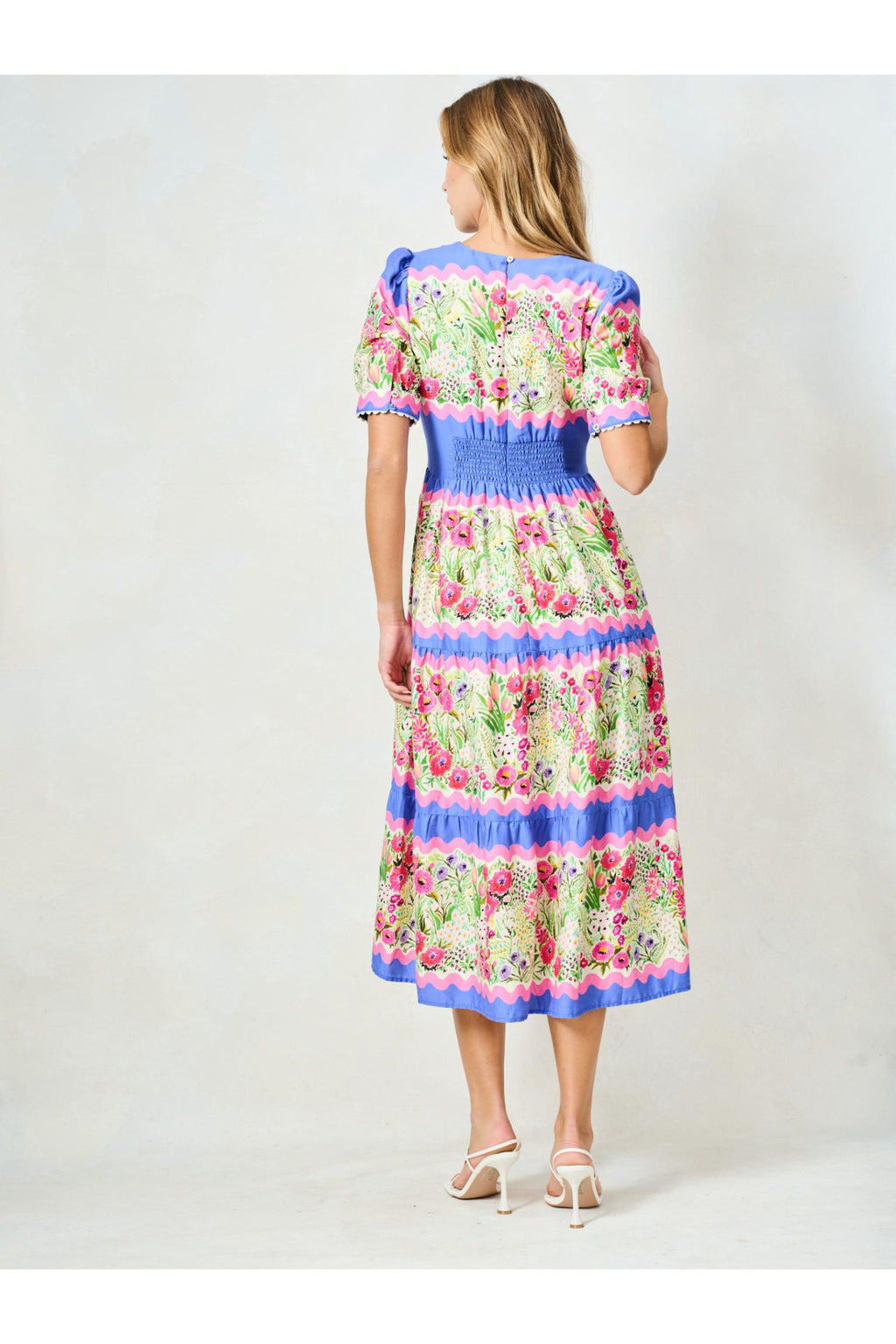 Hope & Ivy The Jo Blue & Pink Floral Tea Dress by Hope and Ivy, shop the vendor at Dotique in a floral tea dress back view.