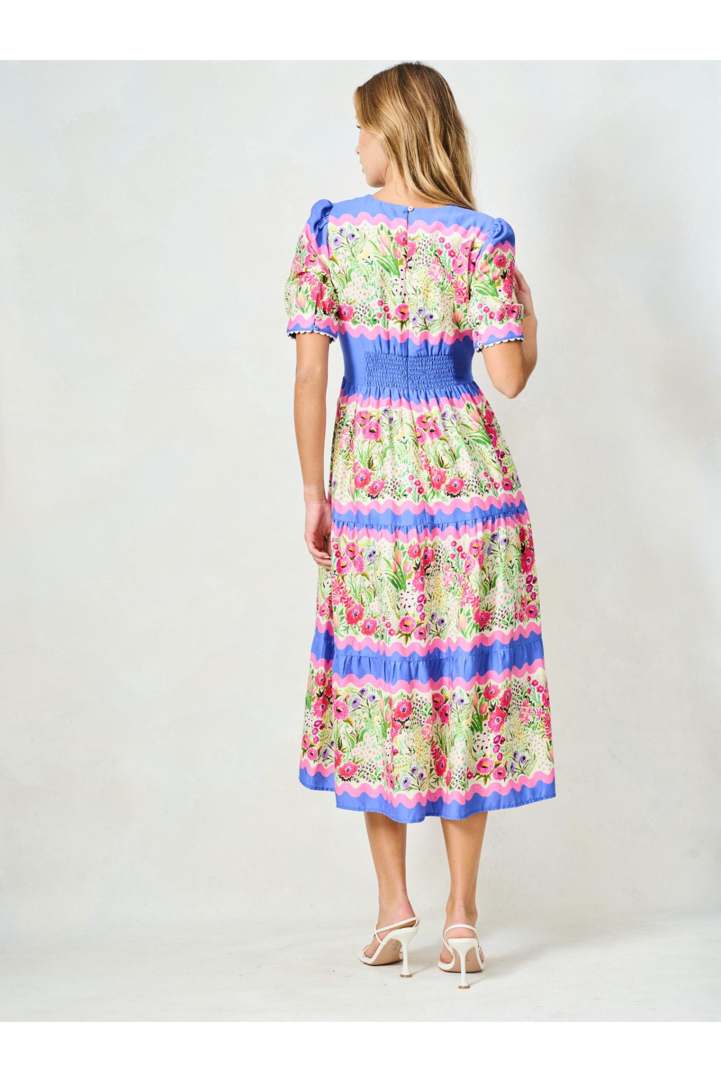 Hope & Ivy The Jo Blue & Pink Floral Tea Dress by Hope and Ivy, shop the vendor at Dotique in a floral tea dress back view.