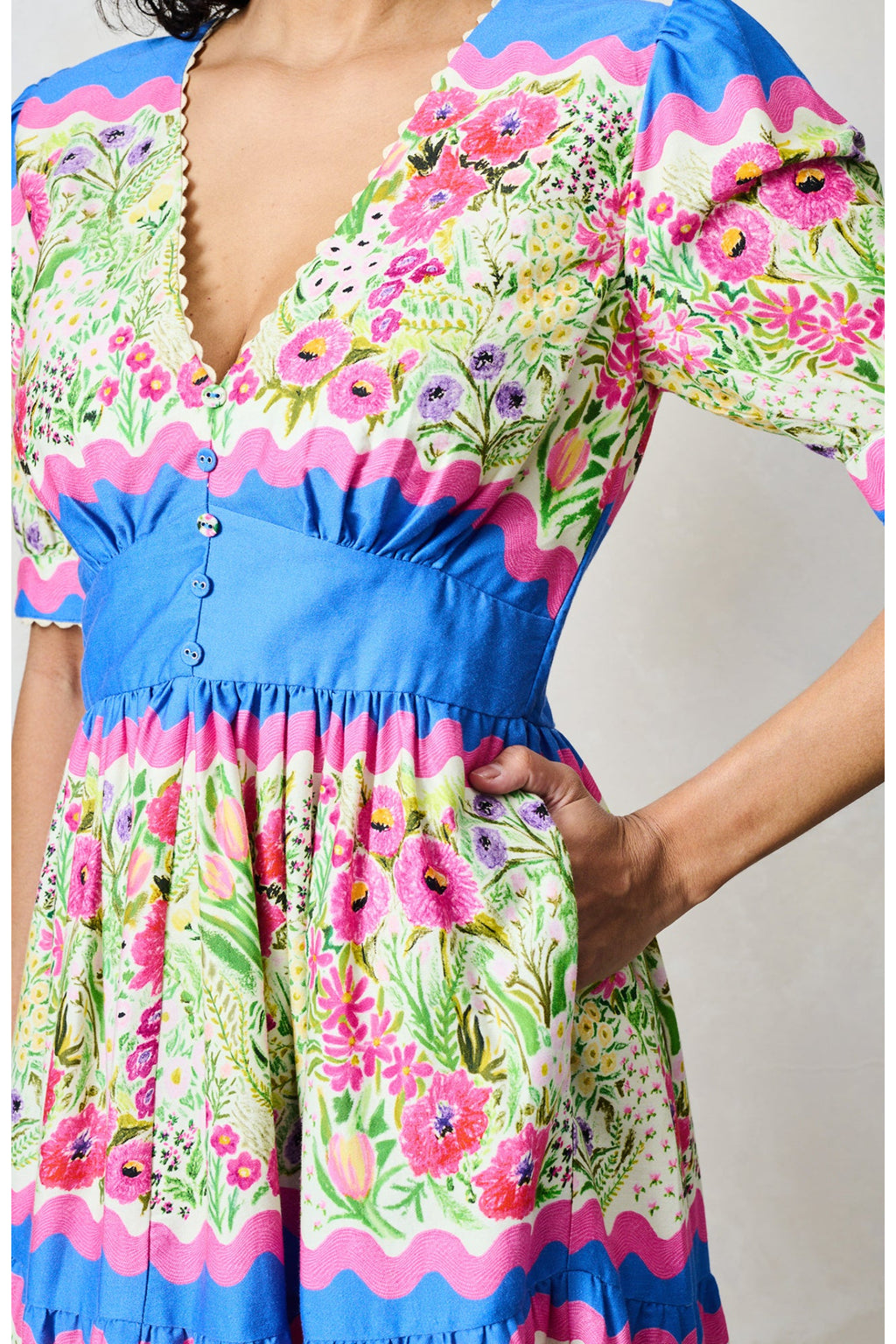 Hope & Ivy The Jo Blue & Pink Floral Tea Dress by Hope and Ivy with vibrant floral print, shop Hope and Ivy at Dotique.