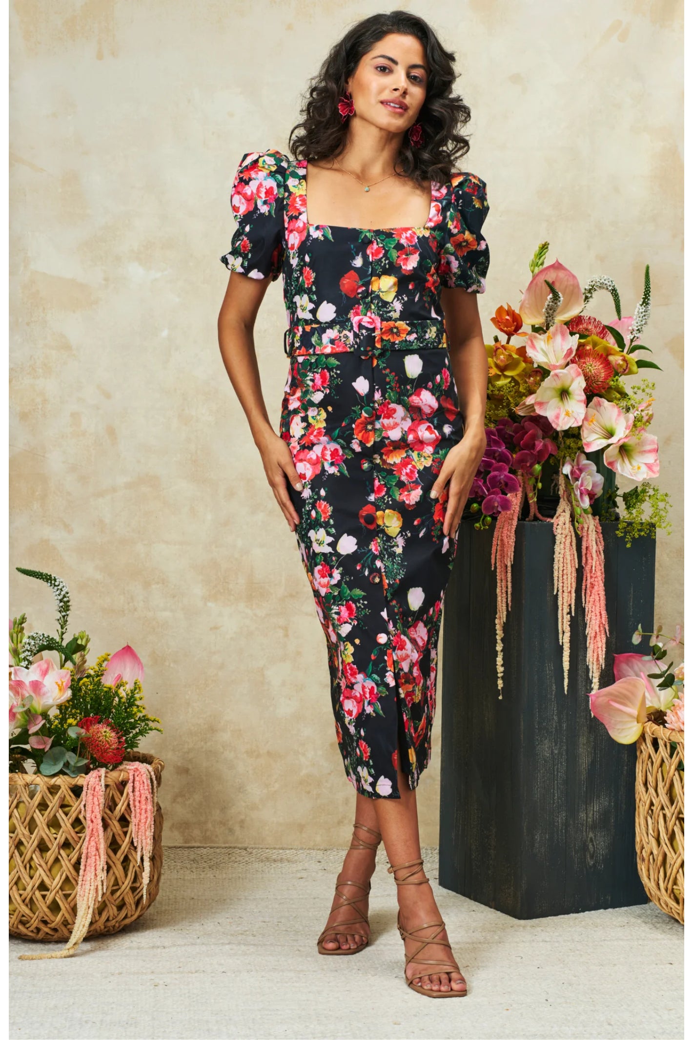 Woman wearing Hope & Ivy The Trisha Puff Sleeve Square Neck Midi Pencil Dress from Hope and Ivy, shop at Dotique.