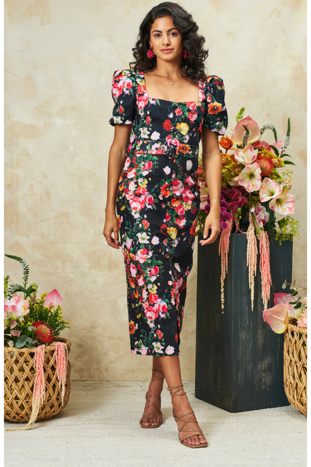 Model wearing Hope & Ivy The Trisha Puff Sleeve Square Neck Midi Pencil Dress by Hope and Ivy, shop at Dotique.