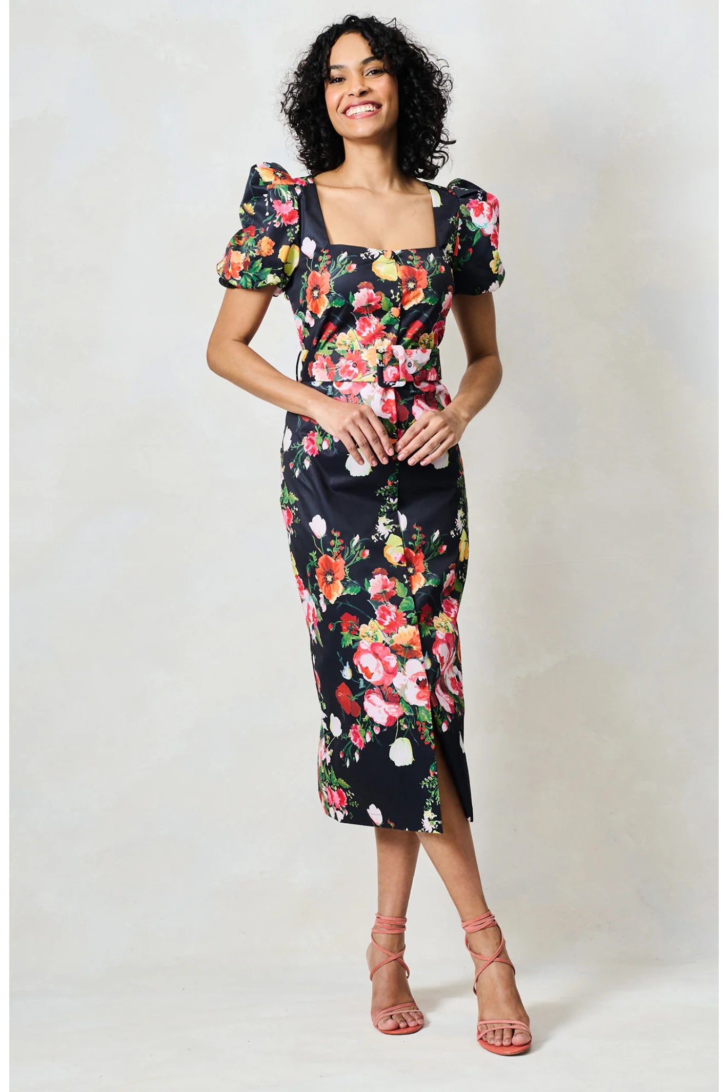 Woman wearing Hope & Ivy The Trisha Puff Sleeve Square Neck Midi Pencil Dress by Hope and Ivy, shop the brand at Dotique.