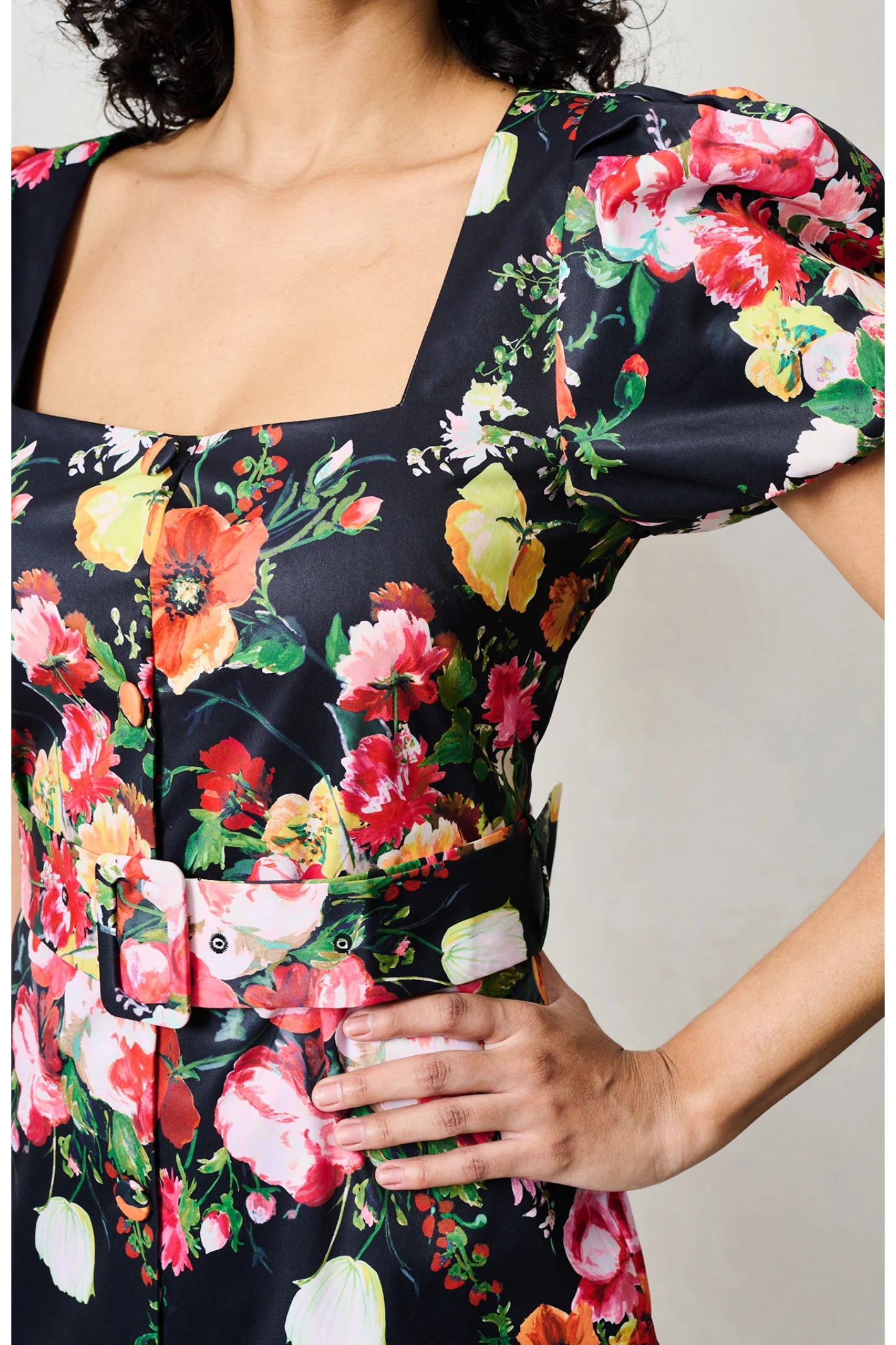 Close-up of Hope & Ivy The Trisha Puff Sleeve Square Neck Midi Pencil Dress by Hope and Ivy, shop Hope and Ivy at Dotique.