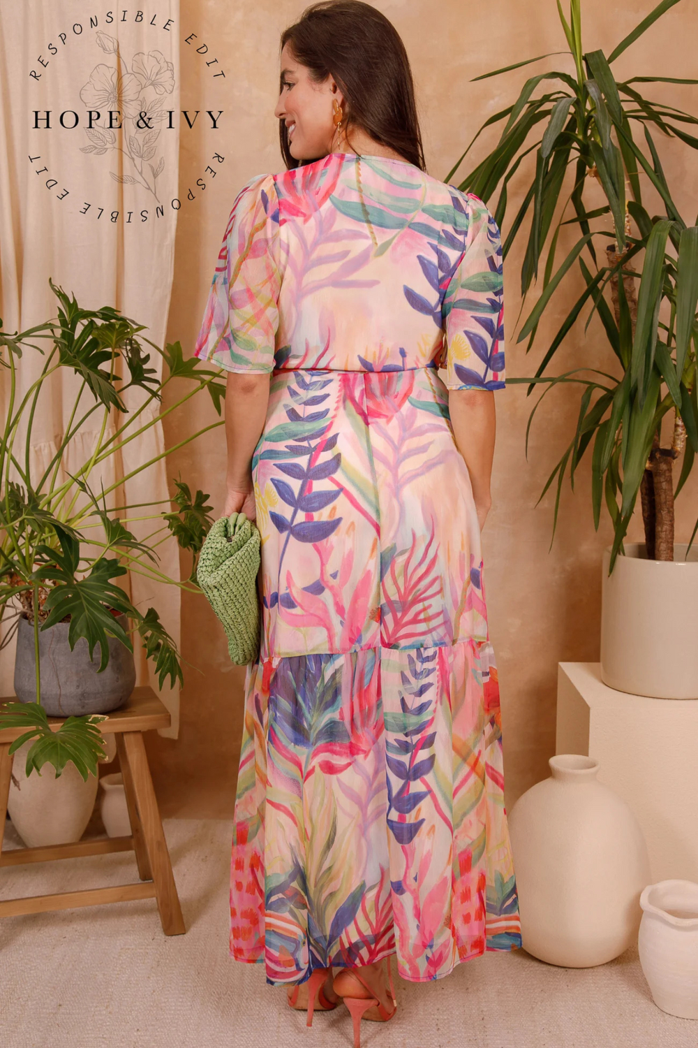Dotique Hope & Ivy 'The Leah' Flutter Sleeve Maxi Wrap Dress – Coral Reef Print