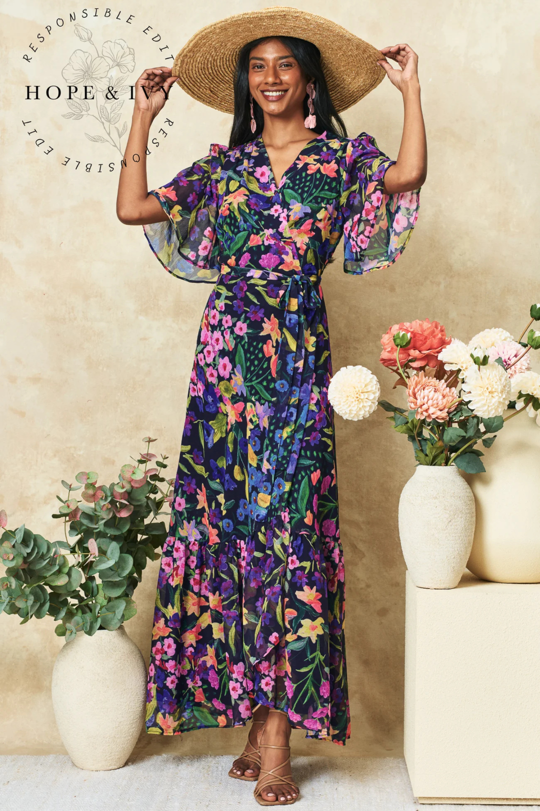 Dotique Hope & Ivy 'The Nesta' Flutter Sleeve Maxi Wrap Dress – Navy Bouquet

