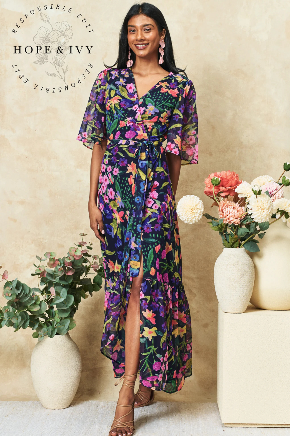 Dotique Hope & Ivy 'The Nesta' Flutter Sleeve Maxi Wrap Dress – Navy Bouquet

