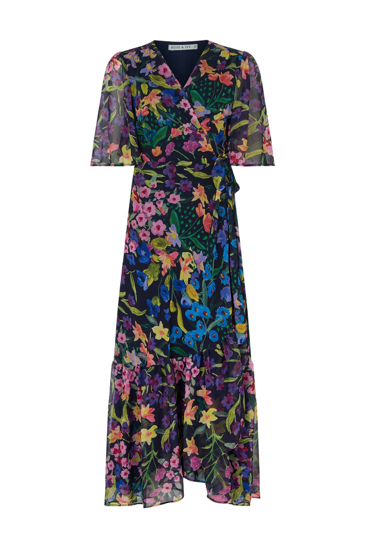 Dotique Hope & Ivy 'The Nesta' Flutter Sleeve Maxi Wrap Dress – Navy Bouquet