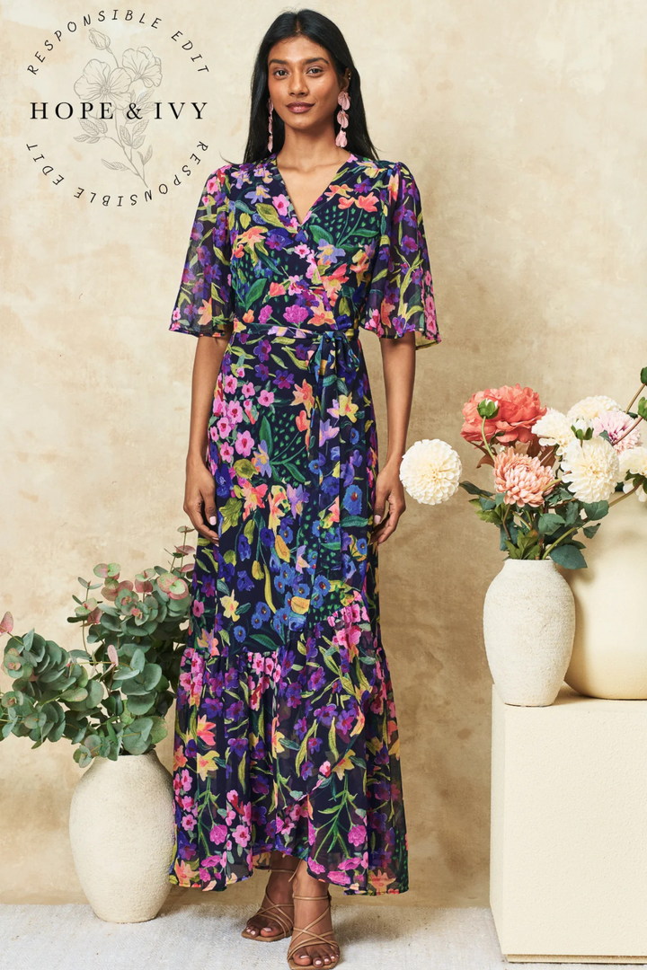 Dotique Hope & Ivy 'The Nesta' Flutter Sleeve Maxi Wrap Dress – Navy Bouquet

