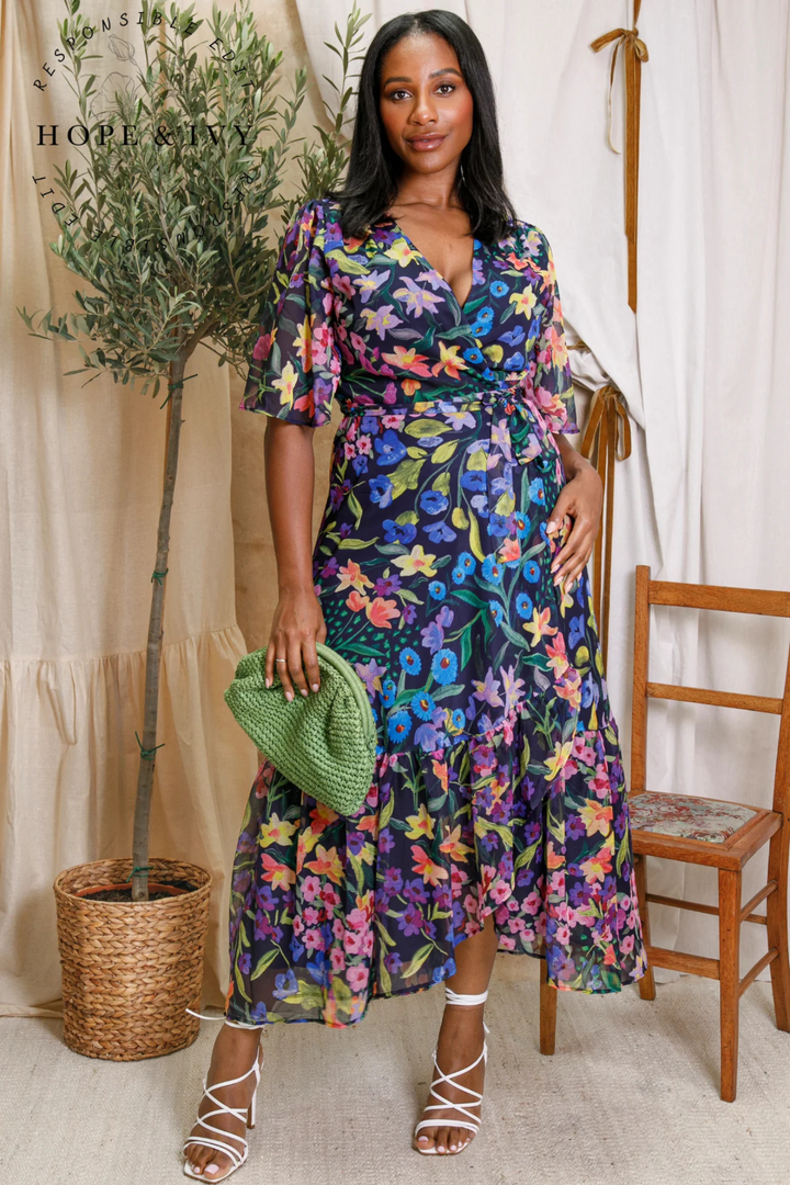 Dotique Hope & Ivy 'The Nesta' Flutter Sleeve Maxi Wrap Dress – Navy Bouquet