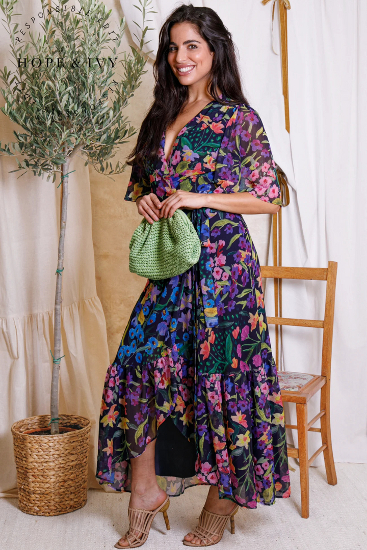 Dotique Hope & Ivy 'The Nesta' Flutter Sleeve Maxi Wrap Dress – Navy Bouquet