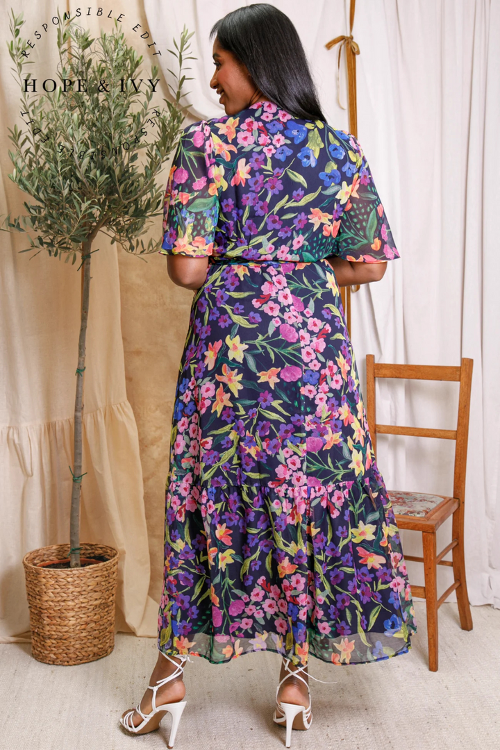 Dotique Hope & Ivy 'The Nesta' Flutter Sleeve Maxi Wrap Dress – Navy Bouquet