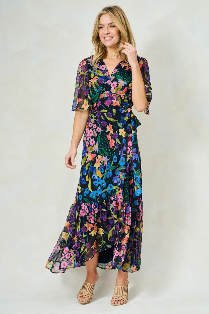 Dotique Hope & Ivy 'The Nesta' Flutter Sleeve Maxi Wrap Dress – Navy Bouquet