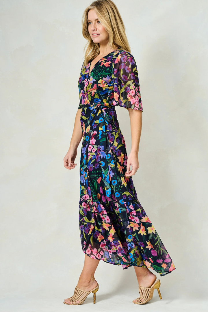 Dotique Hope & Ivy 'The Nesta' Flutter Sleeve Maxi Wrap Dress – Navy Bouquet