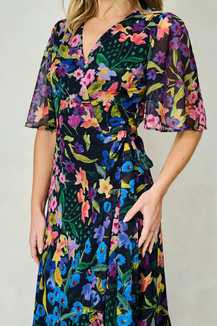 Dotique Hope & Ivy 'The Nesta' Flutter Sleeve Maxi Wrap Dress – Navy Bouquet