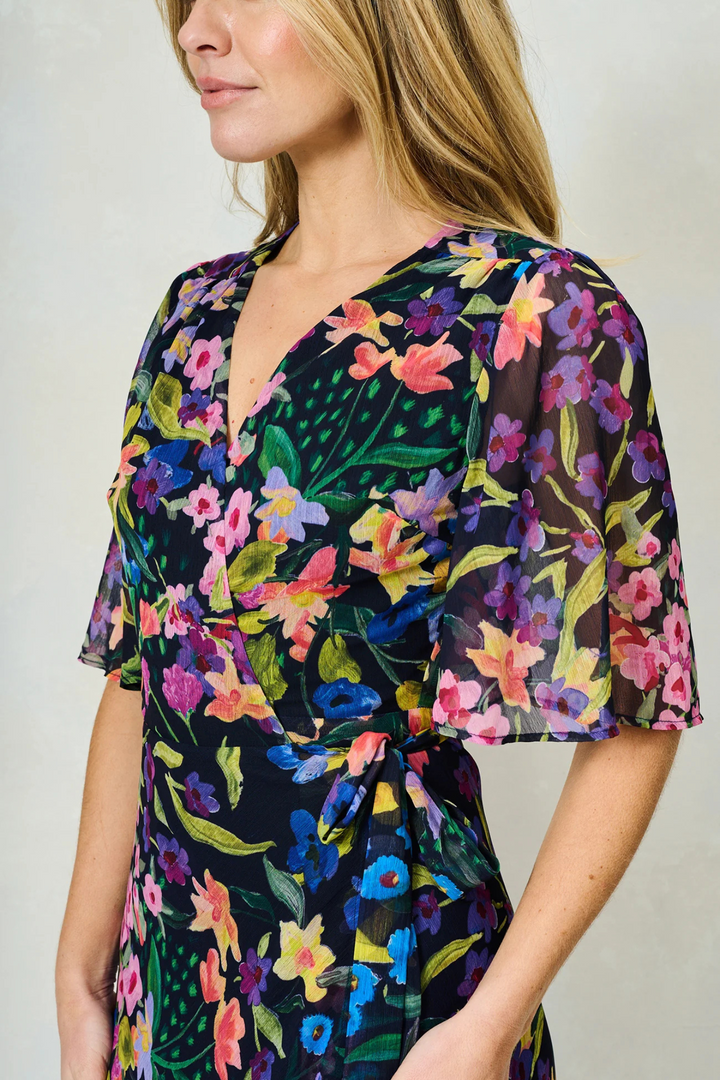 Dotique Hope & Ivy 'The Nesta' Flutter Sleeve Maxi Wrap Dress – Navy Bouquet