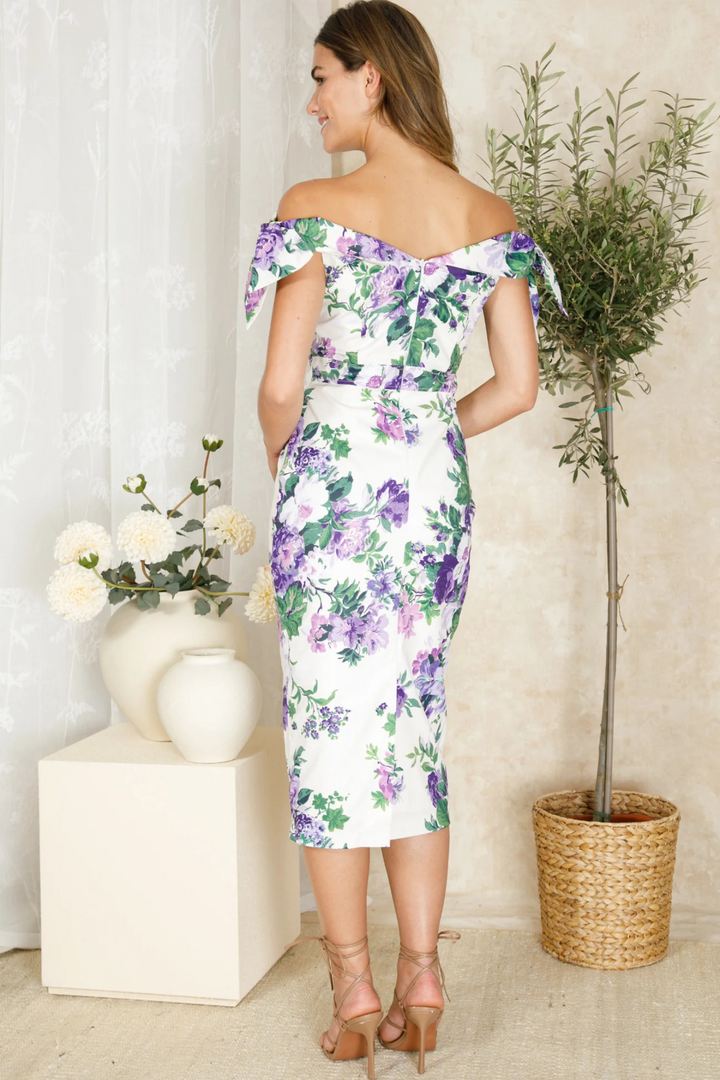 Dotique Hope & Ivy 'The Suzette' Off-The-Shoulder Midi Dress – Purple Floral