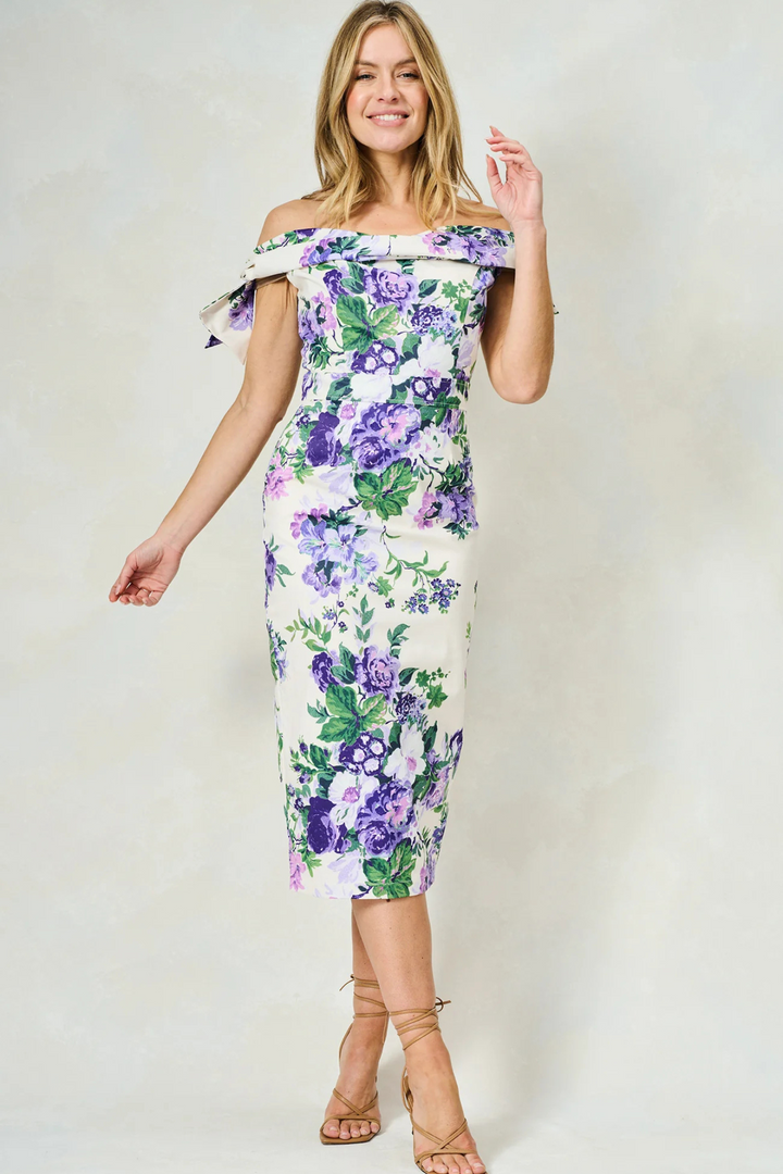 Dotique Hope & Ivy 'The Suzette' Off-The-Shoulder Midi Dress – Purple Floral