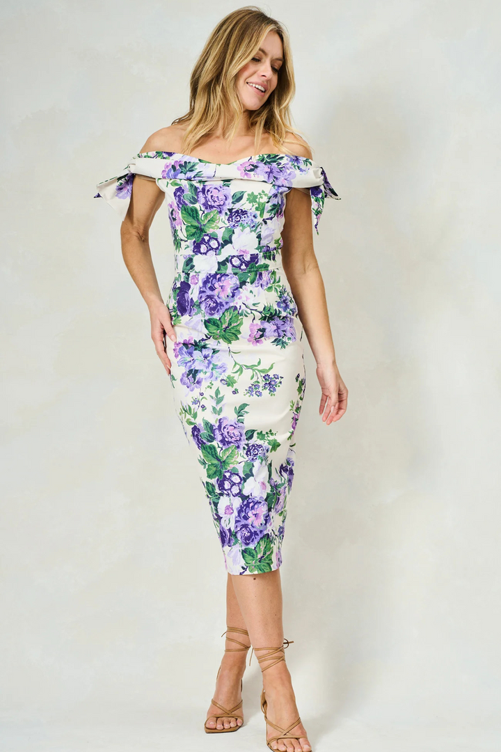 Dotique Hope & Ivy 'The Suzette' Off-The-Shoulder Midi Dress – Purple Floral