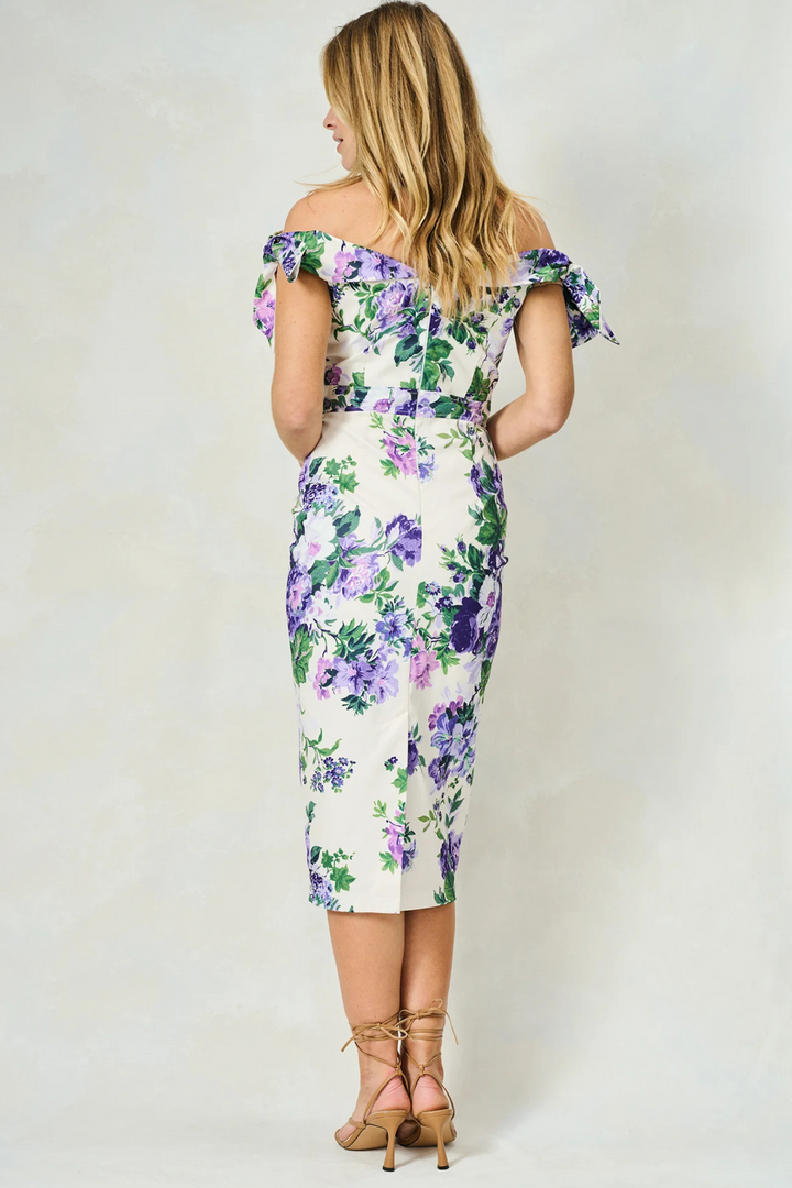 Dotique Hope & Ivy 'The Suzette' Off-The-Shoulder Midi Dress – Purple Floral
