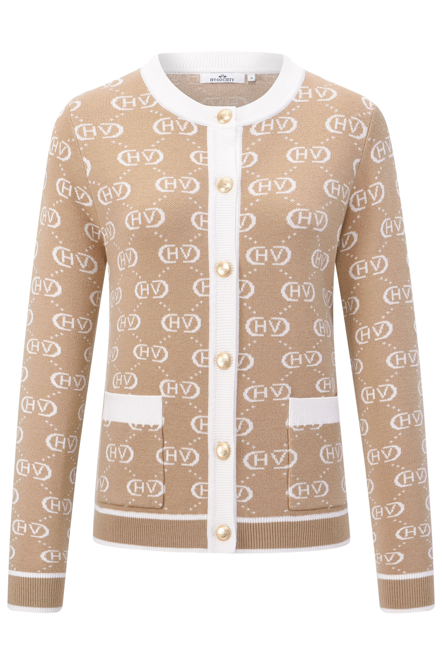 HV Society Alexis sand logo cardigan with contrast trim and gold buttons. Soft, flattering knit for everyday wear. Shop now at Dotique.
