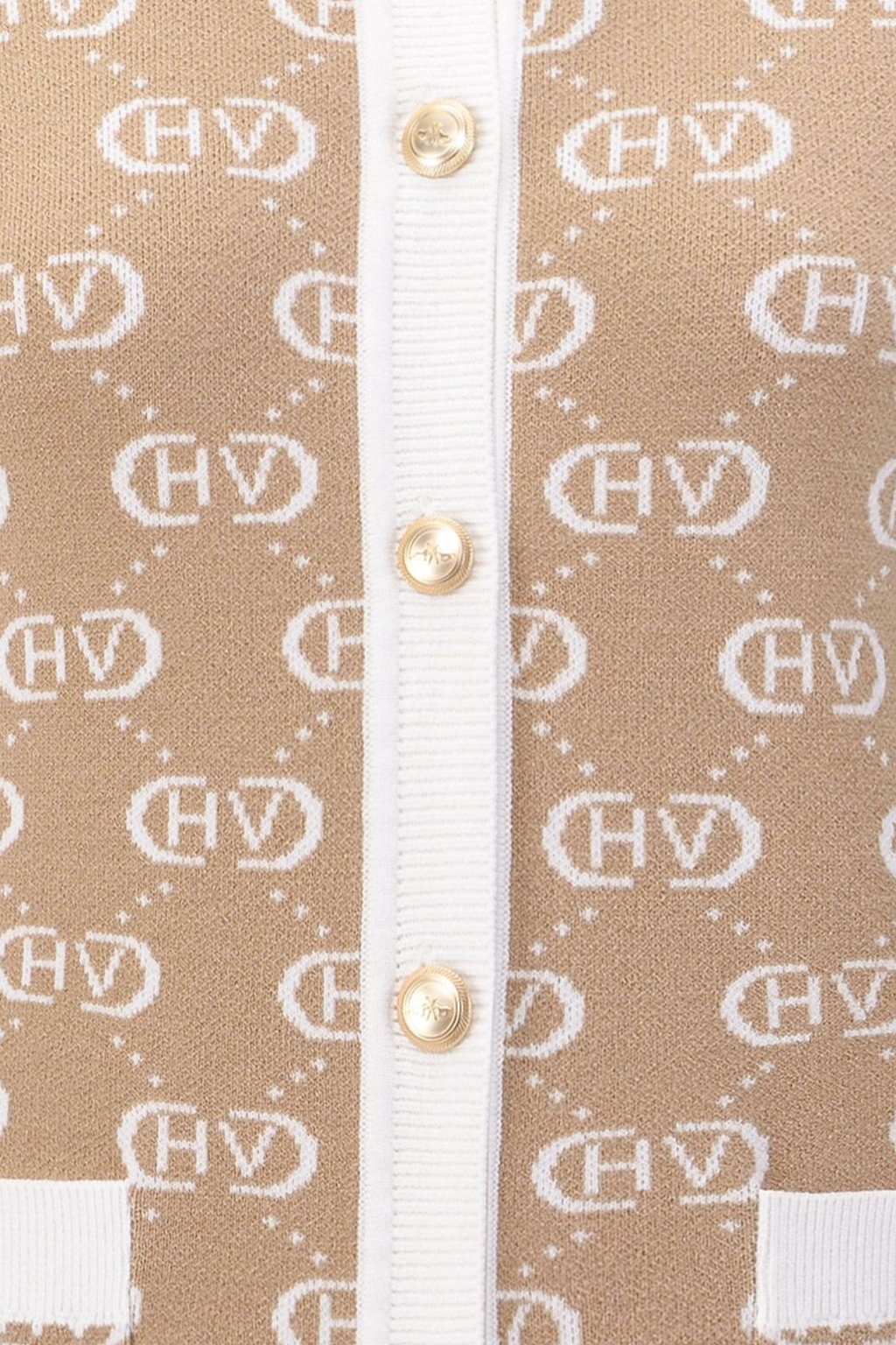 HV Society Alexis sand logo cardigan with contrast trim and gold buttons. Soft, flattering knit for everyday wear. Shop now at Dotique.