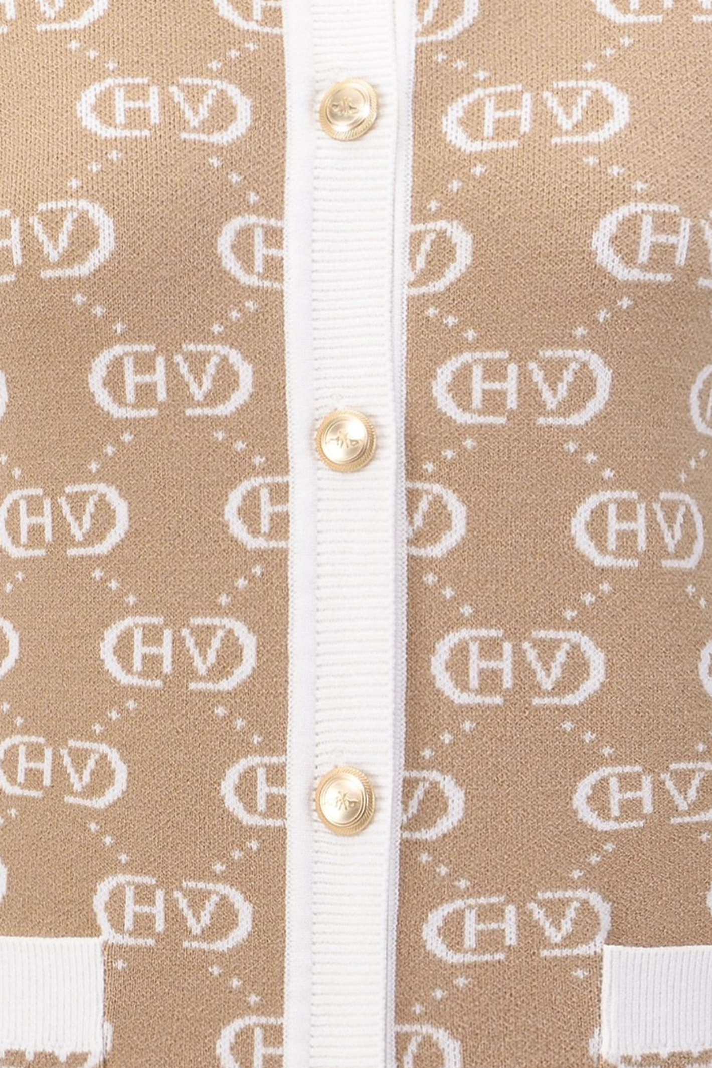 HV Society Alexis sand logo cardigan with contrast trim and gold buttons. Soft, flattering knit for everyday wear. Shop now at Dotique.