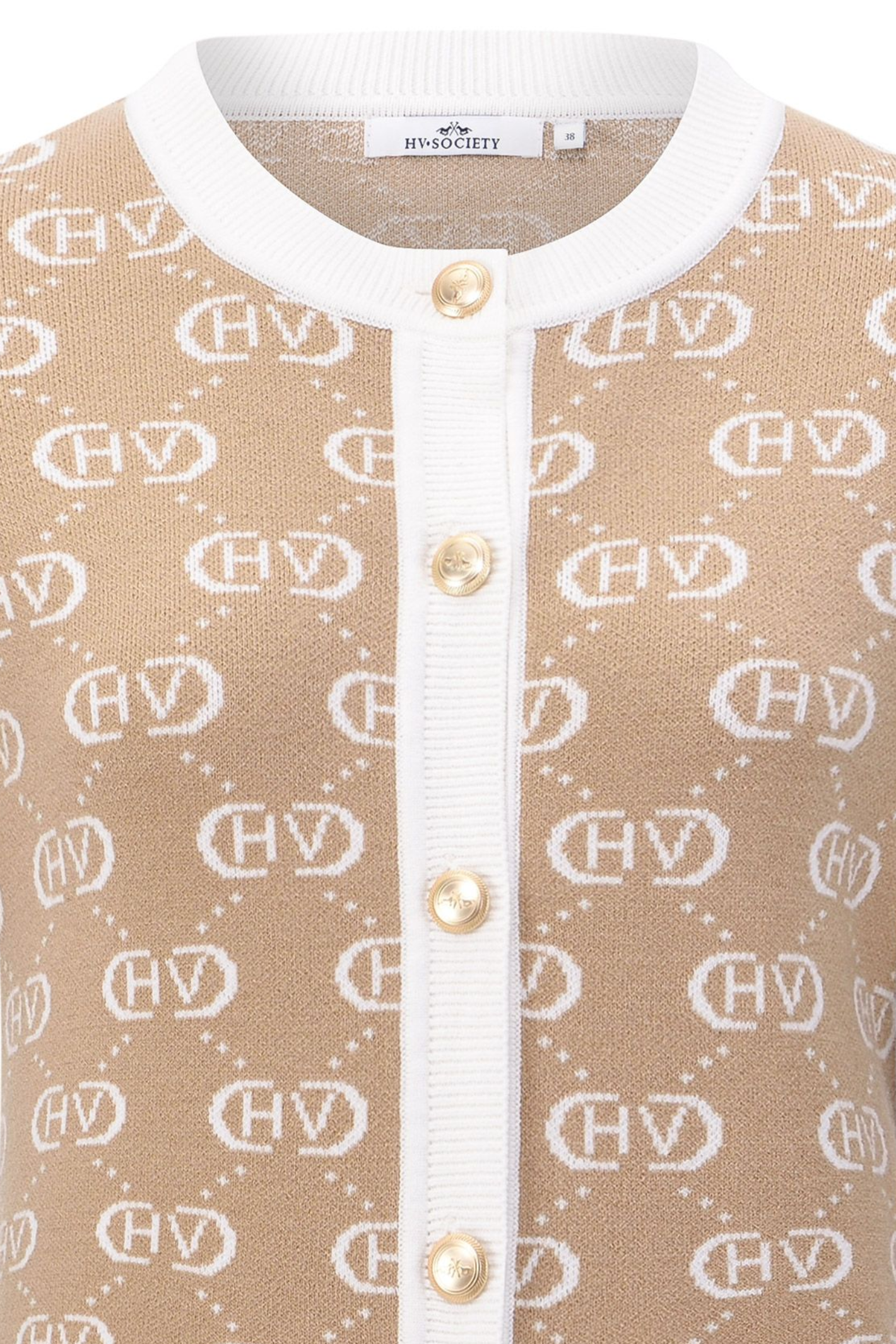 HV Society Alexis sand logo cardigan with contrast trim and gold buttons. Soft, flattering knit for everyday wear. Shop now at Dotique.