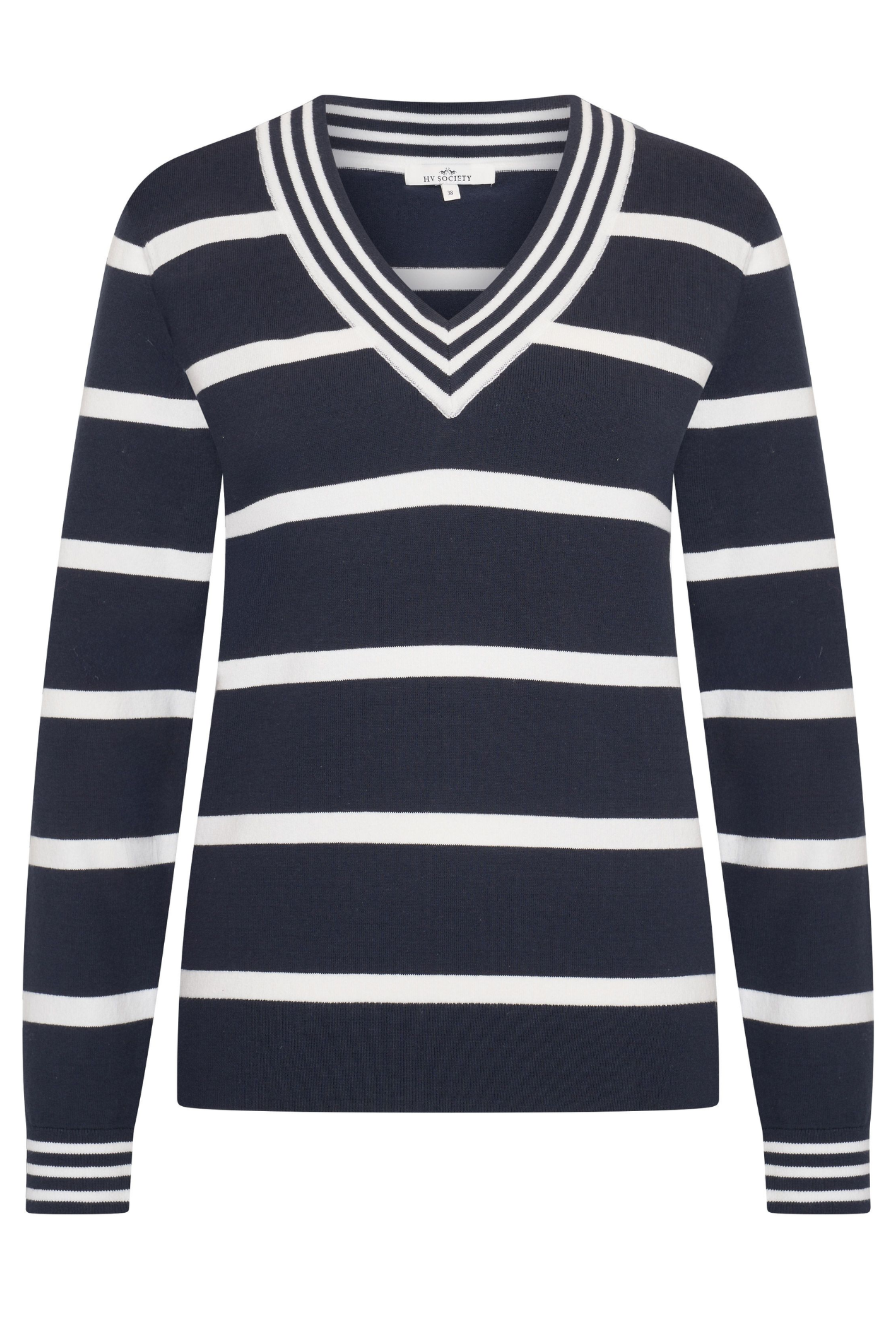 Front view of HV Society HVSBella Navy Jumper with navy and white stripes, shop HV Society at Dotique