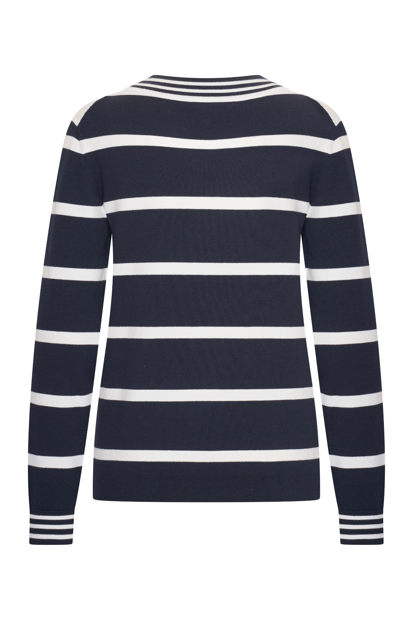 Back view of HV Society HVSBella Navy Jumper featuring white stripes, shop HV Society at Dotique for classic knitwear