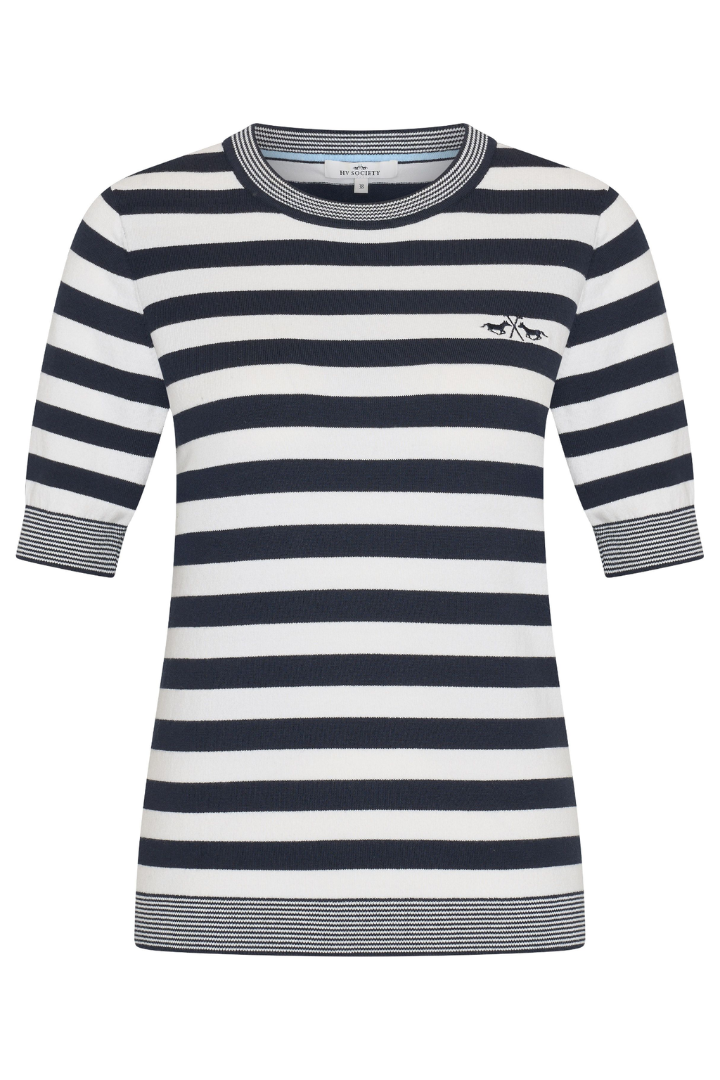 Front view of HV Society HVSBobby Navy Jumper with navy and white stripes, shop HV Society at Dotique for knitwear
