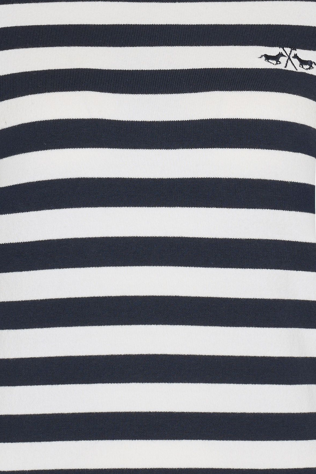 Close-up of navy and white stripe detail with subtle logo on HV Society HVSBobby Navy Jumper shop HV Society at Dotique