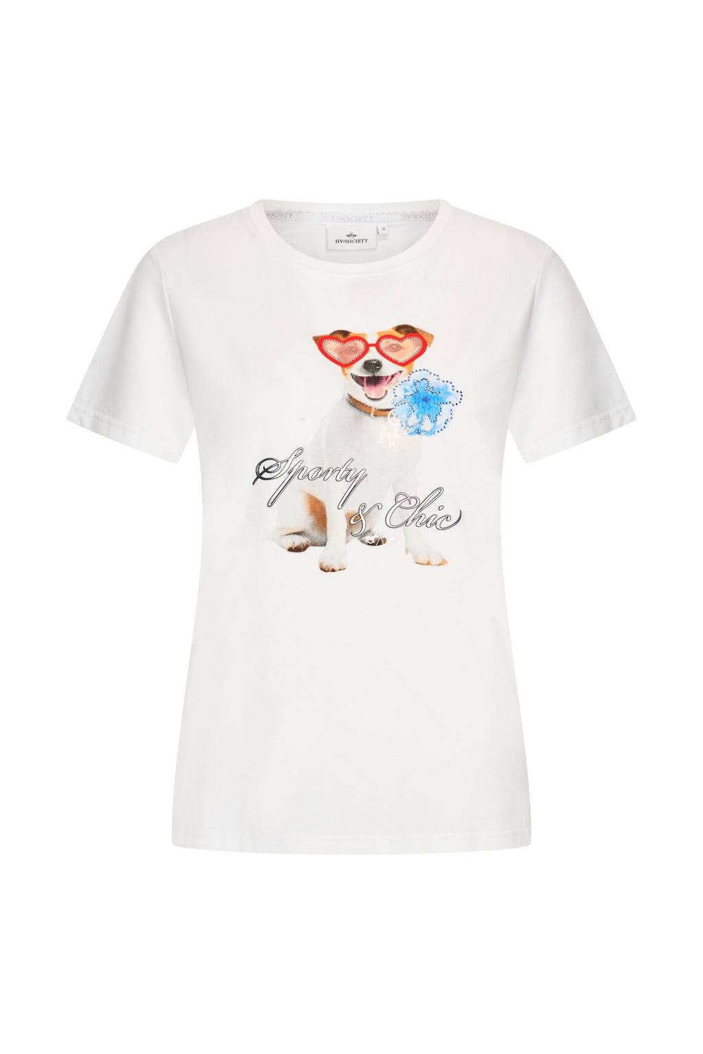 HV Society HVSClara White Top featuring a dog with heart sunglasses, shop HV Society at Dotique for stylish looks