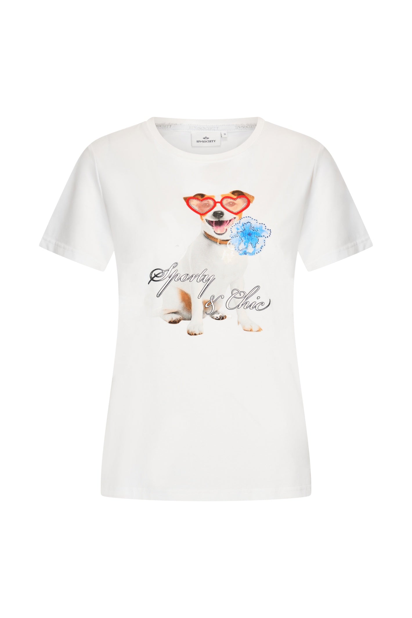 HV Society HVSClara White Top featuring a dog with heart sunglasses, shop HV Society at Dotique for stylish looks
