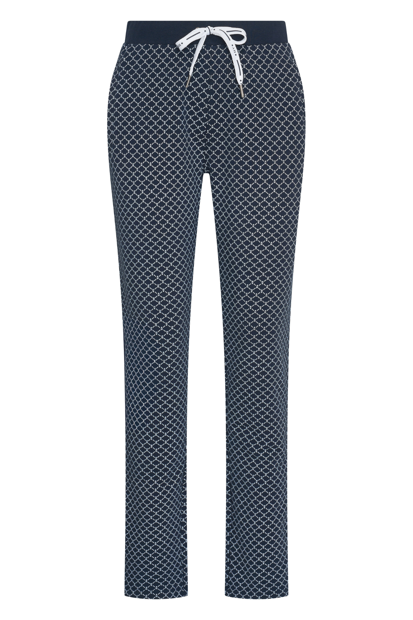 HV Society Gwyneth navy printed trousers in a soft stretch cotton blend. Easy, flattering pull-on style. Shop online at Dotique.