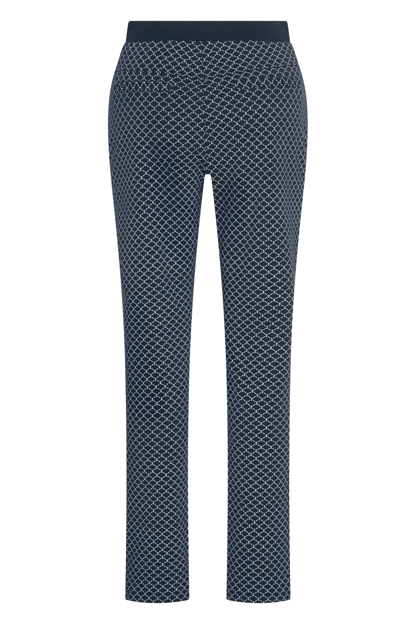 HV Society Gwyneth navy printed trousers in a soft stretch cotton blend. Easy, flattering pull-on style. Shop online at Dotique.