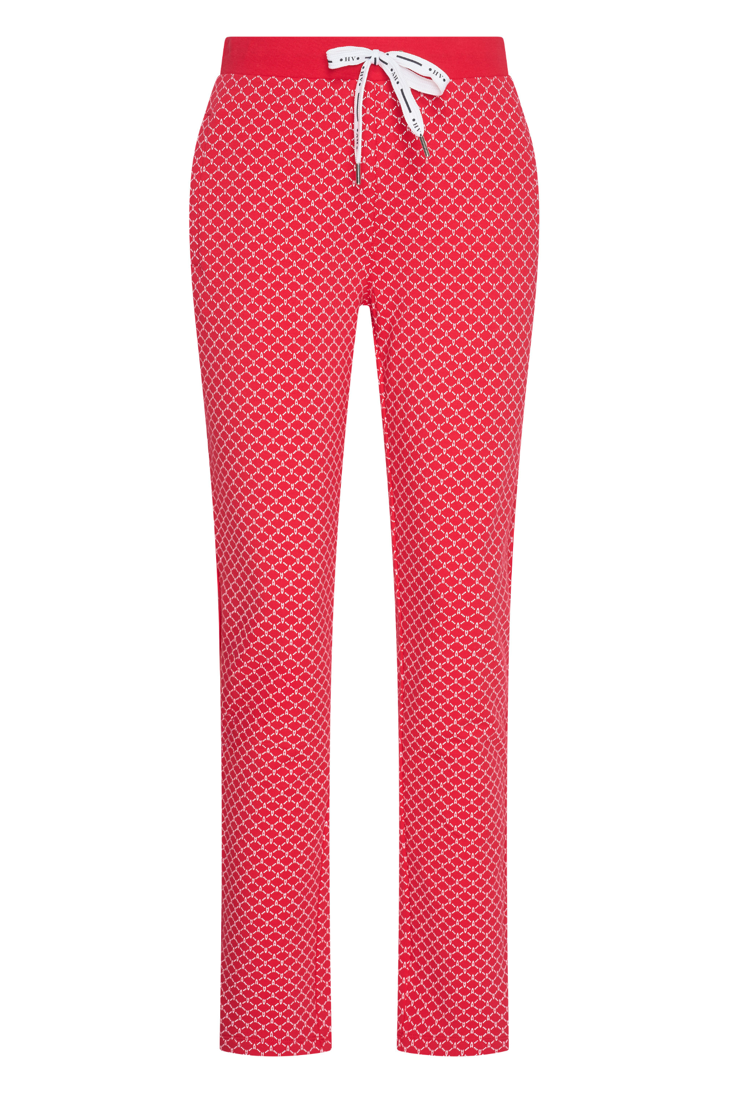 HV Society Gwyneth red printed trousers in a soft stretch cotton blend. Easy pull-on fit with a flattering slim leg. Shop at Dotique.